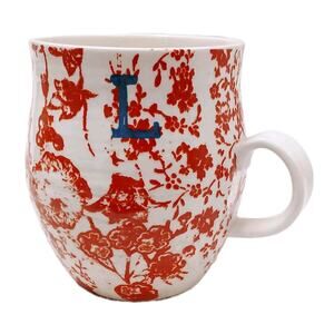 ANTHROPOLOGIE Homegrown Coffee Cup Red Bird Floral Monogram Letter L Initial Mug